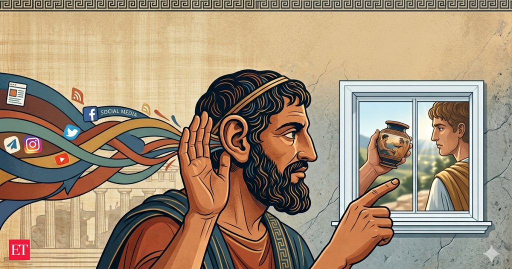 Greek saying life lesson on critical thinking: Greek proverb of the day: ‘Through our ears others may persuade us not to believe the evidence of…’ – motivational life lessons on critical thinking, trusting facts and evidence over opinions and how to not get manipulated and navigate misinformation and social influence