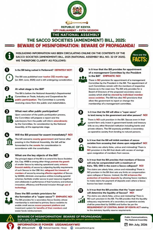THE SACCO SOCIETIES (AMENDMENT) BILL, 2025: BEWARE OF MISINFORMATION: BEWARE OF PROPAGANDA MISLEADING INFORMATION HAS BEEN CIRCULATING ONLINE ON THE CONTENTS OF THE SACCO SOCIETIES (AMENDMENT) BILL, – facebook.com
