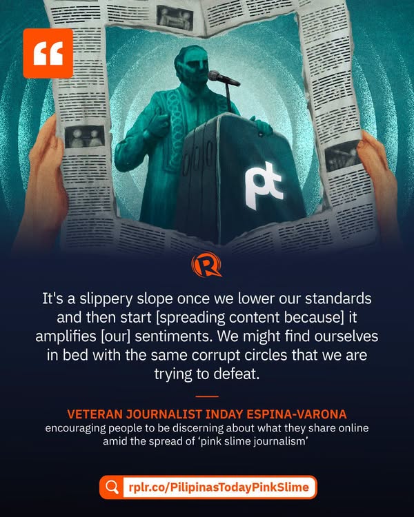 Veteran journalist Inday Espina-Varona encourages the public to be more discerning about what they share online amid the proliferation of pink slime journalism pages like Pilipinas Today. – facebook.com