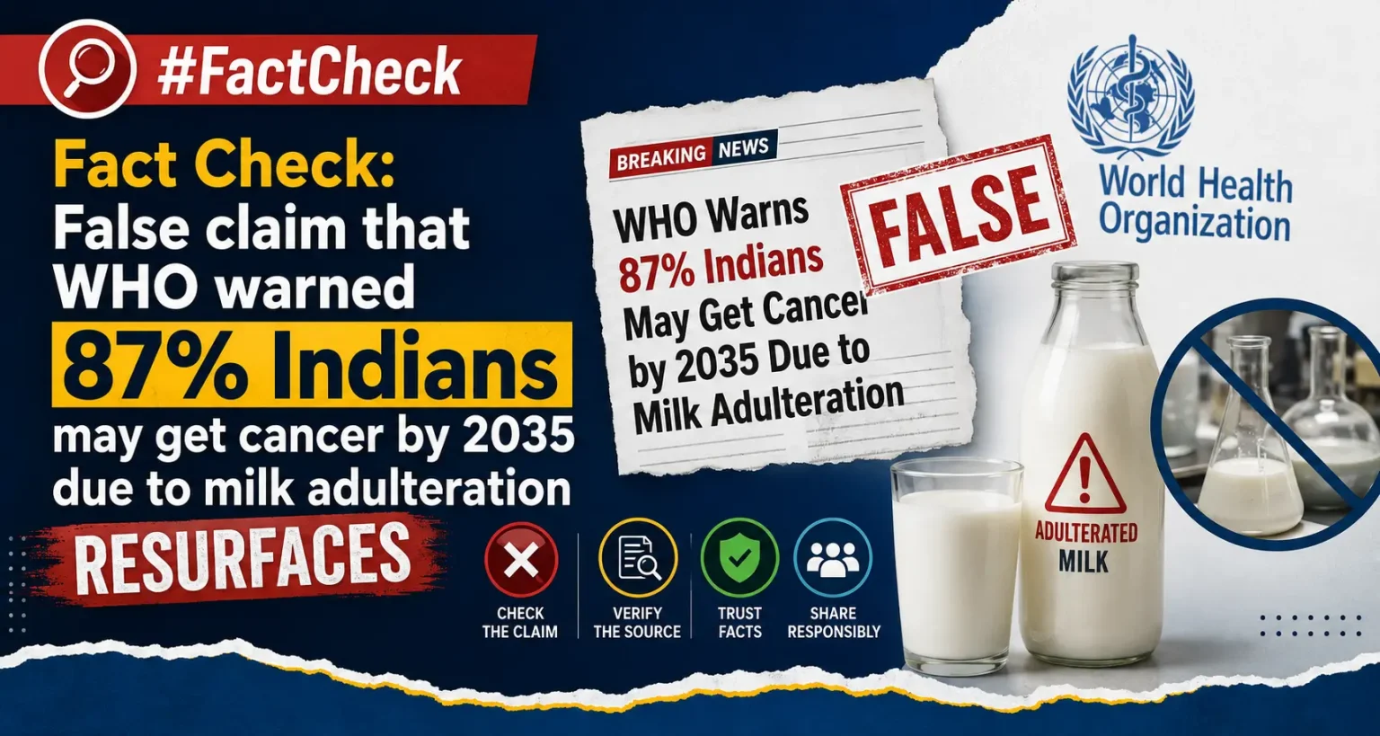 #FactCheck: False claim that WHO warned 87% Indians may get cancer by 2035 due to milk adulteration resurfaces