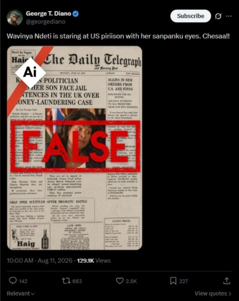 Fake Daily Telegraph front page falsely links Kenyan governor to UK money-laundering case