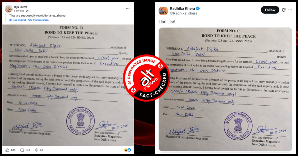 BJP leader shares fake, AI-generated image of Abhijeet Dipke’s ‘bail bond’ by Radhika Khera – Alt News